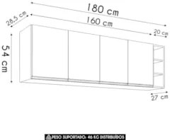 Armário de Cozinha Aéreo 180cm Nevada Com Nicho Castanho    - Lumil