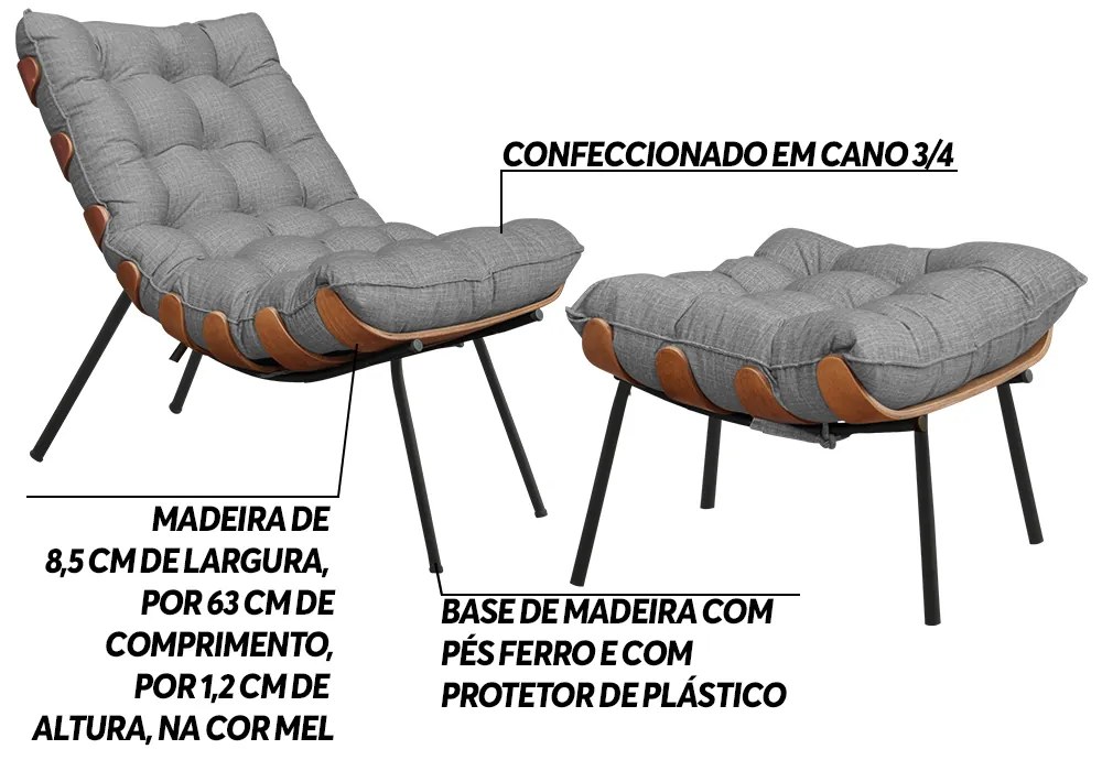 Conjunto Decorativo Poltrona e Puff Abel Base de Madeira Preto Linho Cinza G41 - Gran Belo
