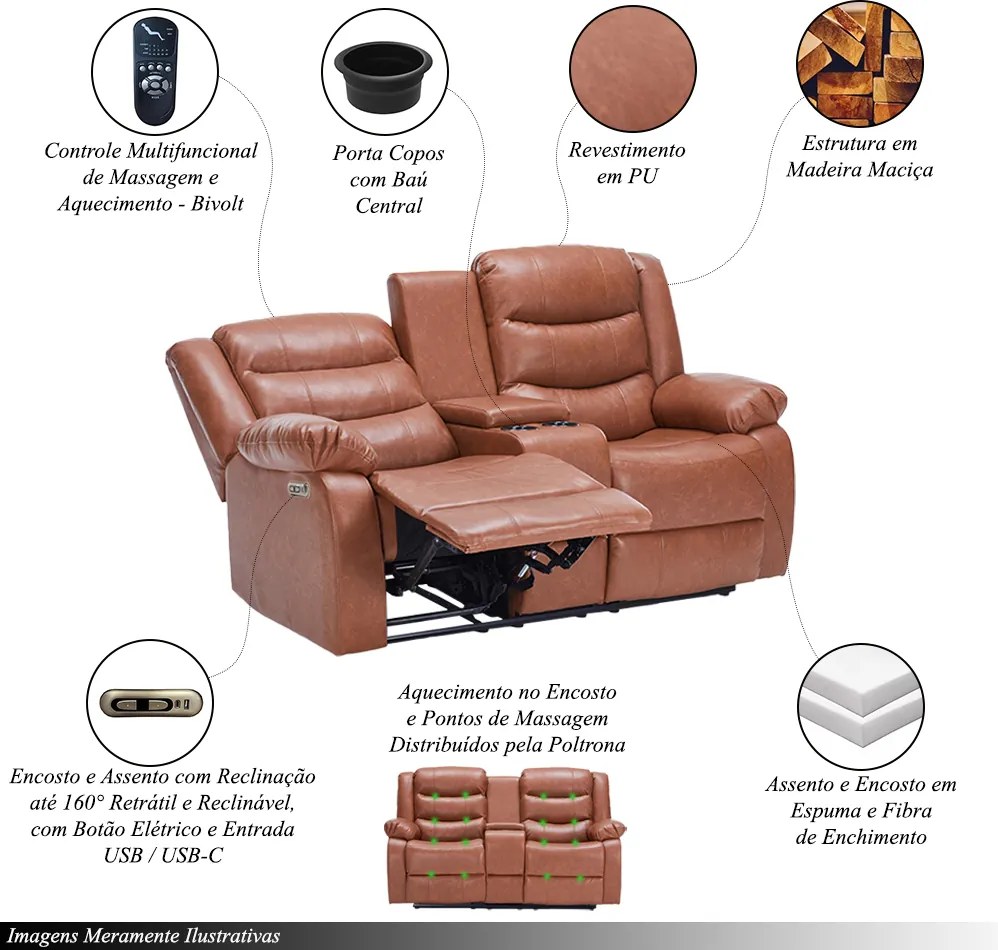 Poltrona Reclinável Elétrica Sala de Cinema Hollywood 2 Lugares com Massagem Aquecimento Baú Entrada USB/USB-C PU Caramelo G94 - Gran Belo