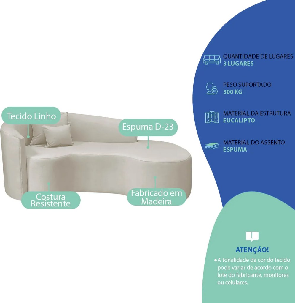 Kit Recamier Curvo Sala de Estar Inglaterra 200cm Lado Direito e Poltrona Orgânica Luxo Amore Linho