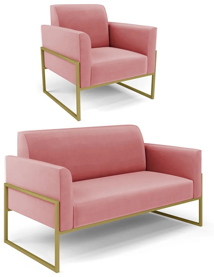 Sofá Namoradeira com Poltrona Base Industrial Alta Dourado Marisa Suede D03 - D'Rossi - Rose
