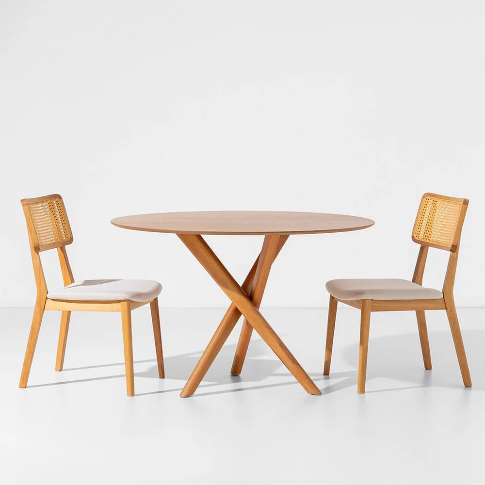 Conjunto Mesa de Jantar Thai Redonda Carvalho Americano - 1,20m + 2 Cadeiras Lalá Encosto Palha Natural Plot - Cru