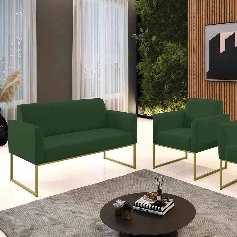 Sofá Namoradeira com Poltrona Base Industrial Dourado Marisa Veludo D03 - D'Rossi - Verde