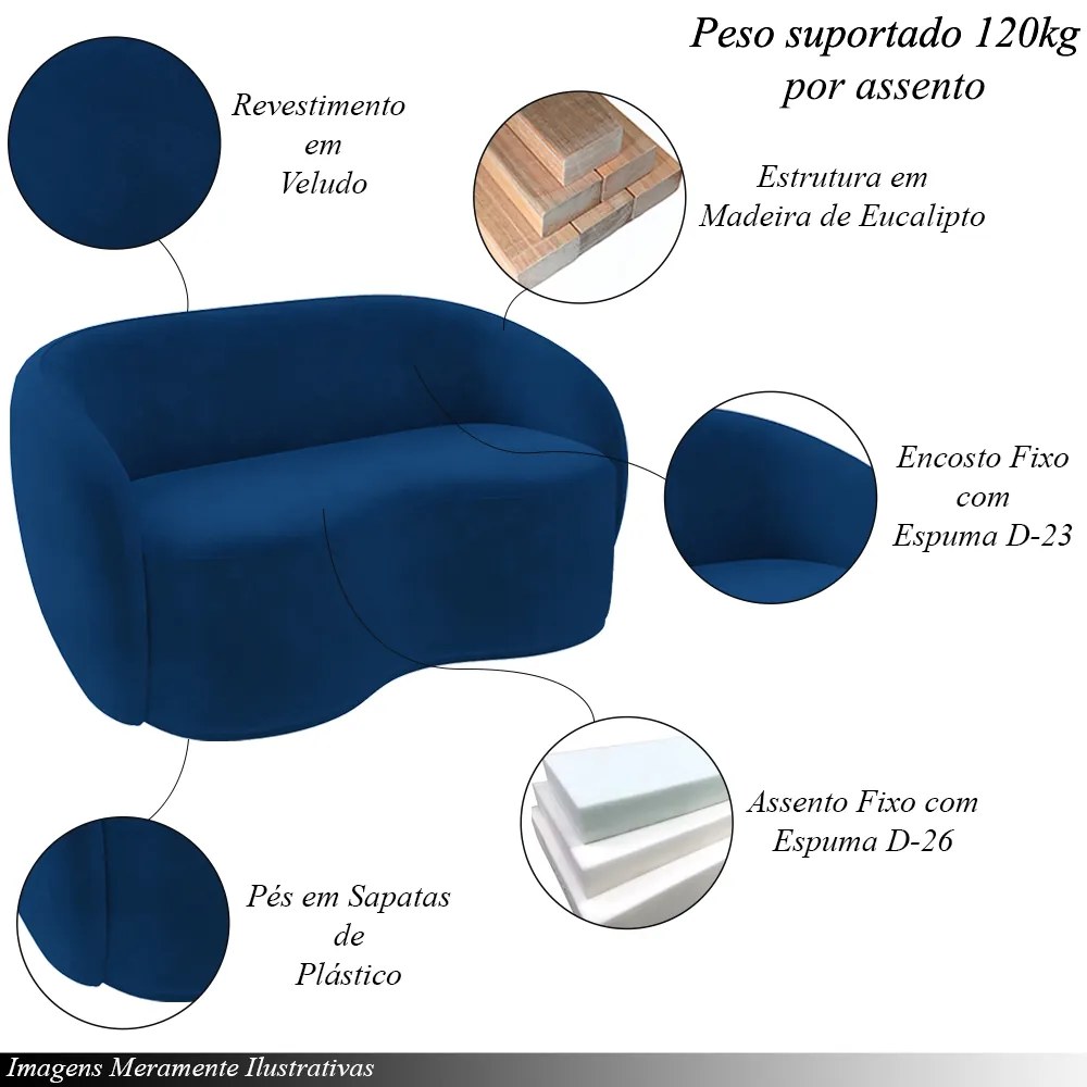 Conjunto 1 Sofá Living 160cm e 1 Poltrona Decorativa Sala de Estar Íbis Encosto Fixo Veludo Azul Marinho G33 - Gran Belo