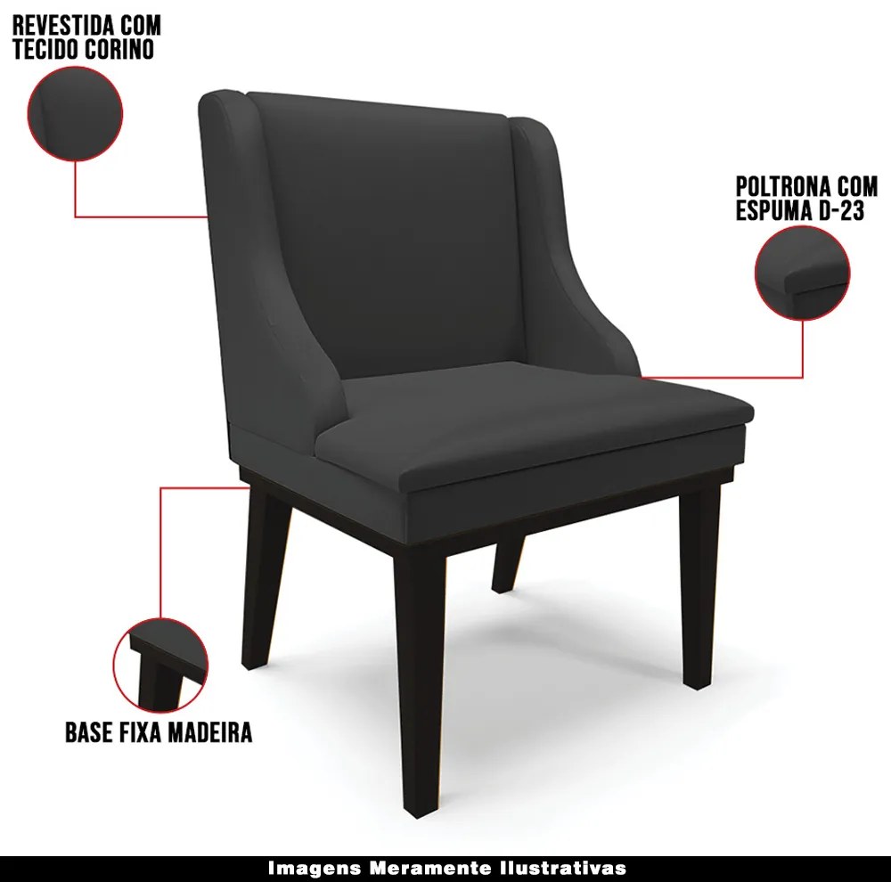 Kit 2 Poltronas Decorativas Base Fixa de Madeira Firenze PU Preto Fosco G19 - Gran Belo