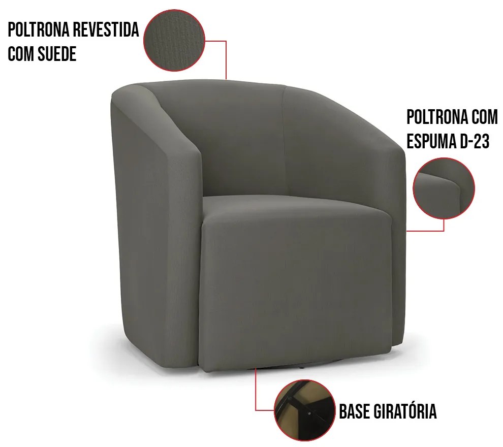 Poltrona Decorativa Base Giratória Stella Max Suede D03 - D'Rossi - Grafite
