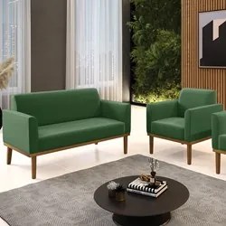 Sofá Namoradeira e 1 Poltrona Base Madeira Castanho Maressa Suede Verd