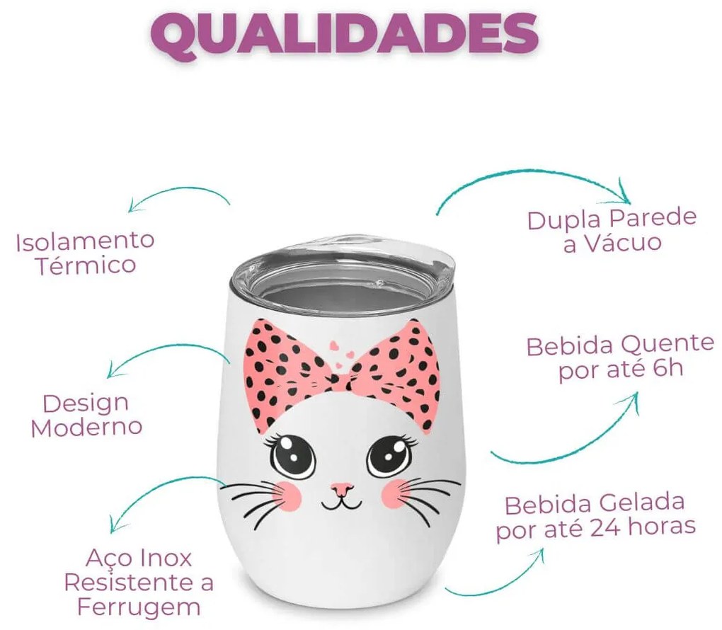 Copo Inox Corpo Duplo 400 ml Fosco Gatinha Miau - Branco