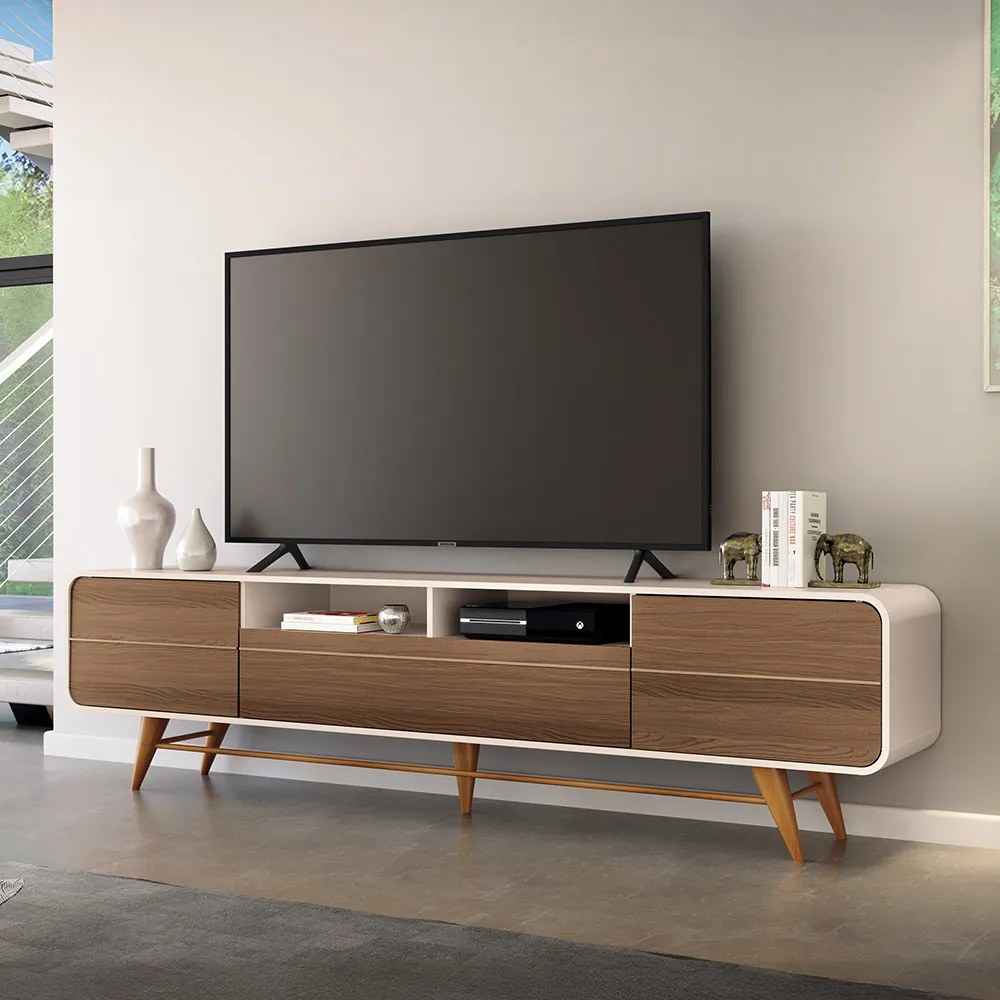 Rack para Sala Bancada de TV 85 Pol 220cm Alissa H01 - D'Rossi - Off White e Castanho