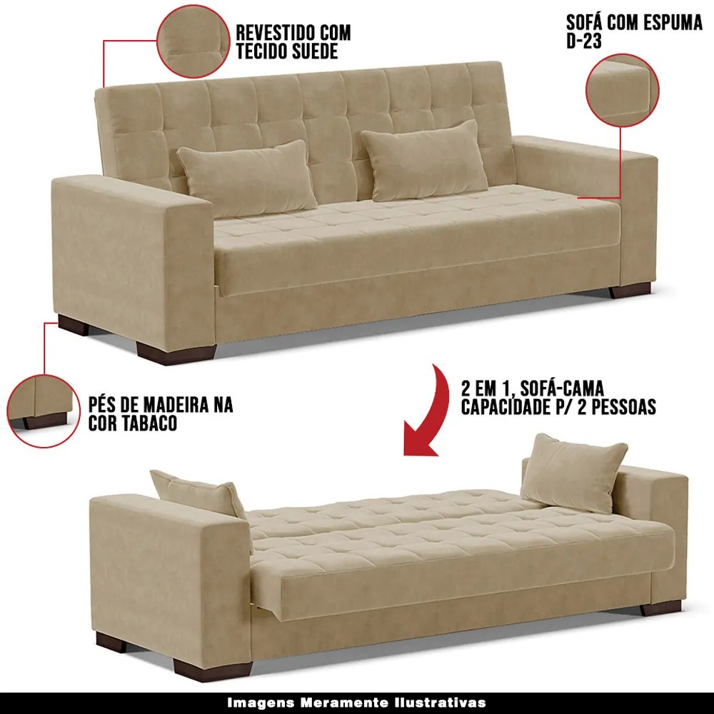 Sofá Cama Decorativo 210cm Beesley Suede Nude G19 - Gran Belo