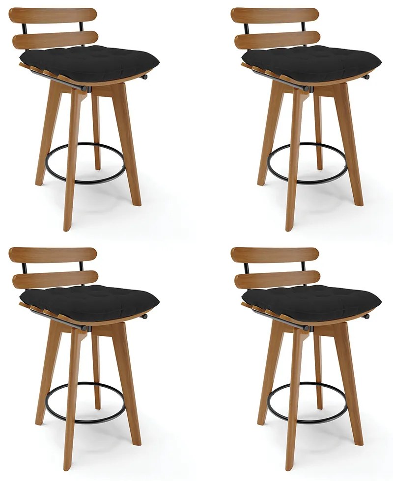 kit 04 Banquetas Giratória Costela Veludo Preto Base Madeira MA70 - DRossi