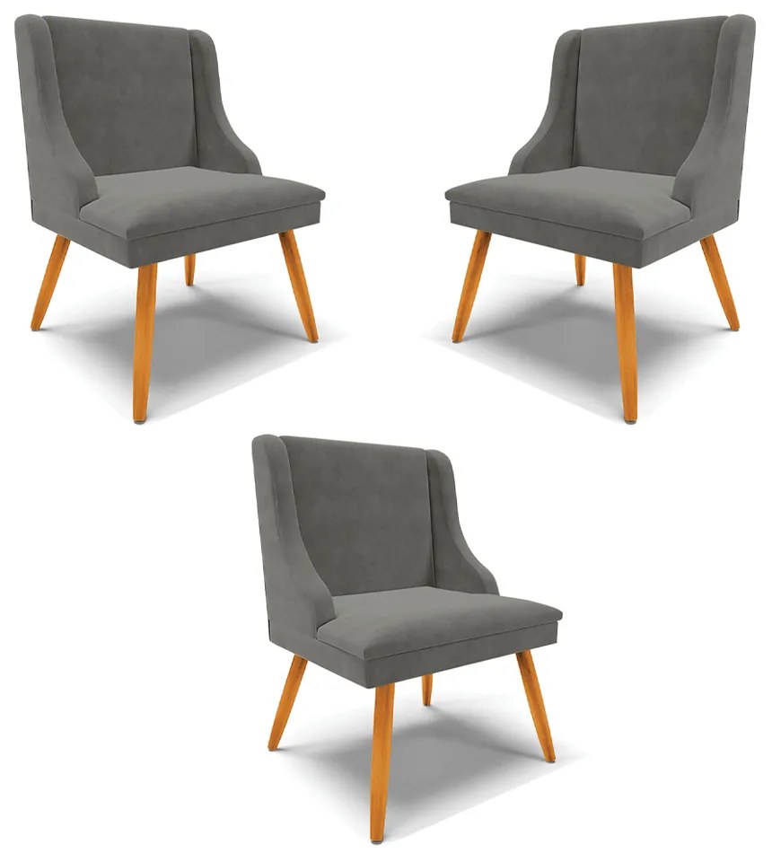 Kit 3 Cadeiras Decorativas Sala de Jantar Pés Palito de Madeira Firenze Suede Grafite/Natural G19 - Gran Belo