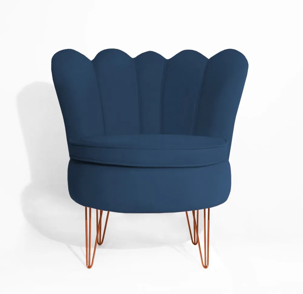 Conjunto 2 Poltrona Dália com 2 Puff Chloe Pés Hairpin Legs Bronze Veludo Azul Marinho