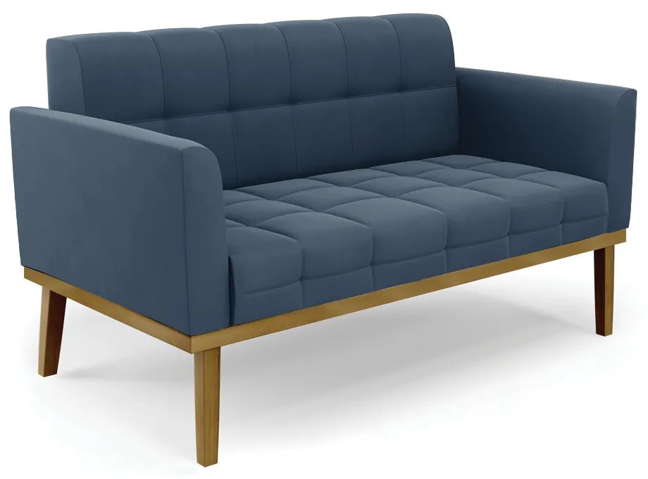 Namoradeira com 2 Poltronas Base de Madeira Castanho Elisa Suede D03 - D'Rossi - Azul Marinho