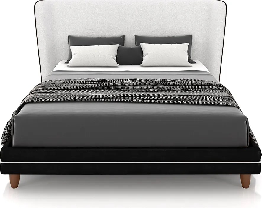 Conjunto Cama com Cabeceira King Torres Pés em Madeira PU/Bouclê Preto/Off White G91 - Gran Belo
