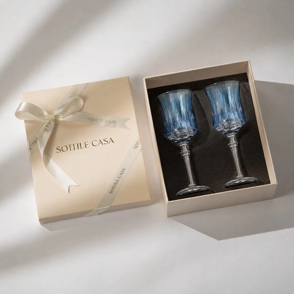 Kit 2 Taças de Cristal Lapidado 66 p/ Vinho Branco c/ Caixa de Presente - Azul Claro  Azul Claro