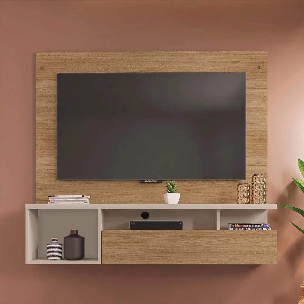 Painel Luci Nichos Decorativos 136cm para TV até 55 com Porta Basculante MDP Buriti/OffWhite G11 Gran Belo