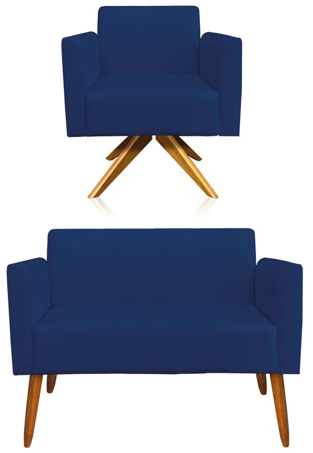 KIT 01 NAMORADEIRA E 01 POLTRONA MARISA SUEDE BASE GIRATORIA MADEIRA MA30 DROSSI - Azul Marinho