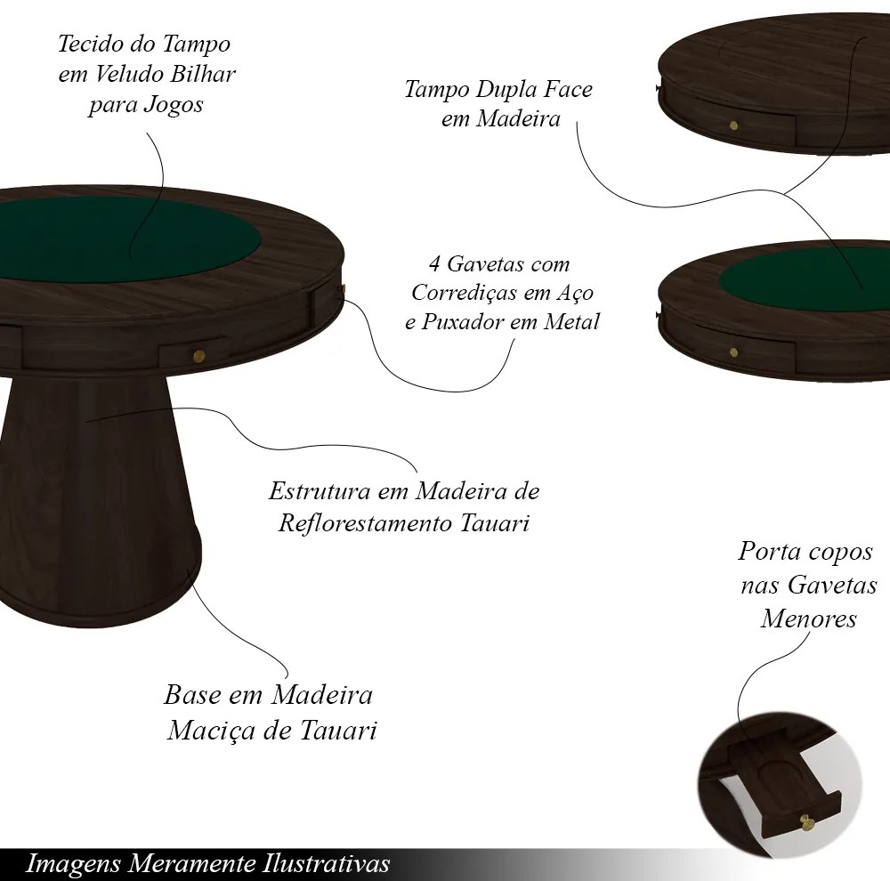 Mesa de Jogos Carteado 4 Lugares Bellagio com Gavetas e Tampo Reversível Base Cone com Tecido Capuccino/Verde G42 - Gran Belo