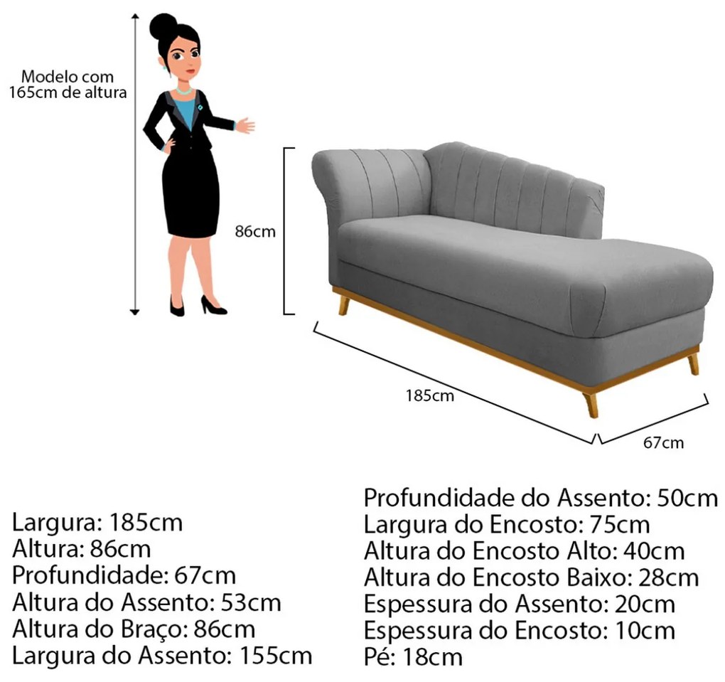 Recamier Vanessa 185cm Lado Direito Suede Cinza - ADJ Decor