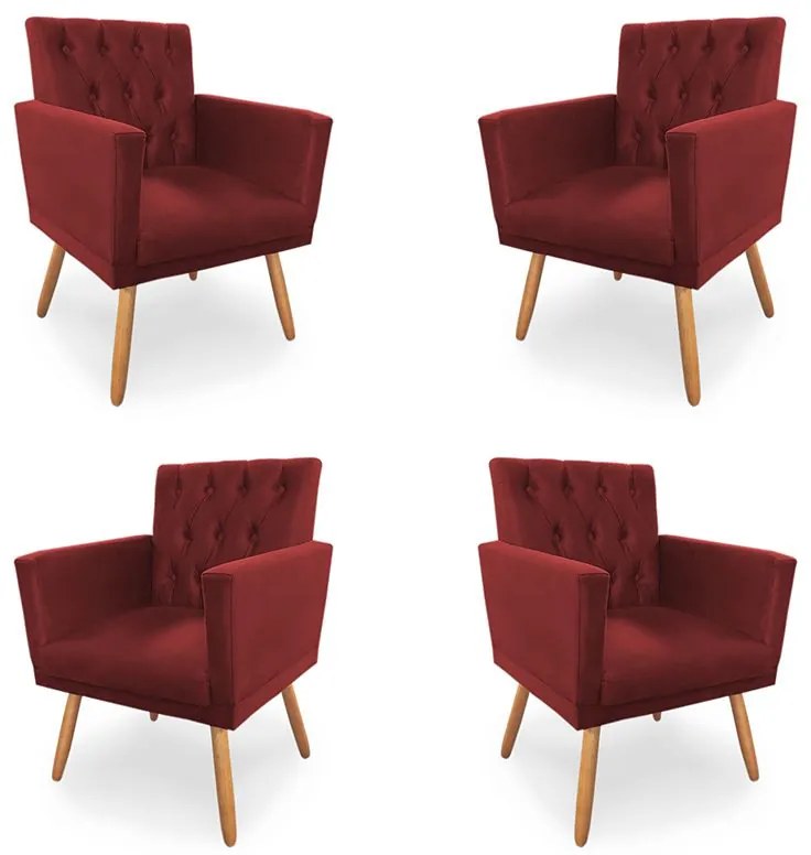 Kit 4 Poltronas Decorativas Clara Capitonê Pés Palito Suede Vermelho - Sheep Estofados