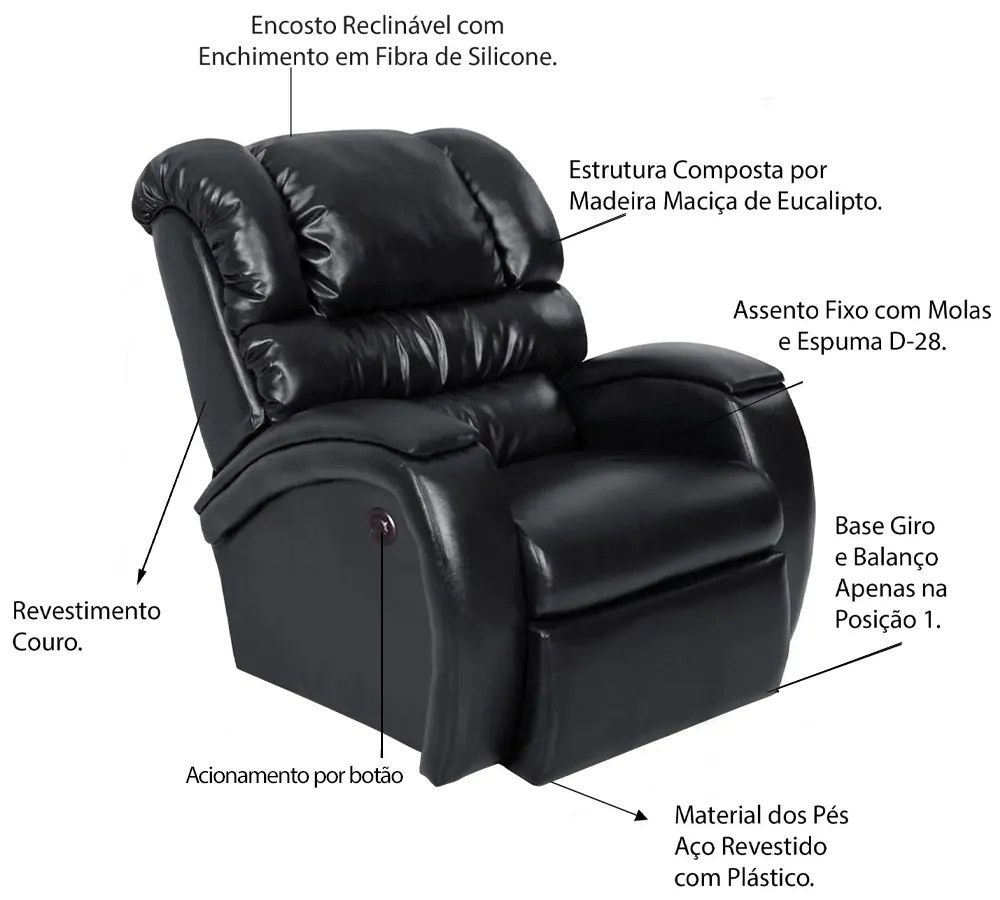 Poltrona do Papai Reclinável Zero Wall com Botão Oasis PU Sintético Preto Brilho G23 - Gran Belo