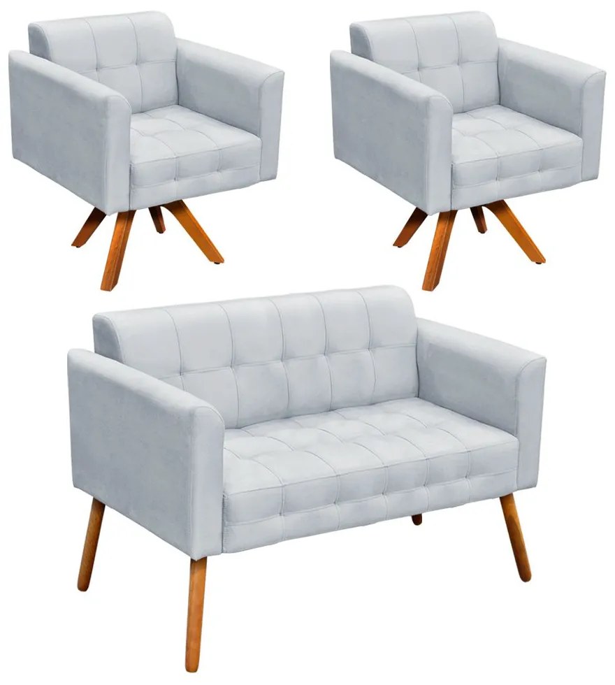 Kit 01 Namoradeira e 02 Poltronas Giratória Elisa Suede Base Madeira MM30 D'Rossi - Cinza
