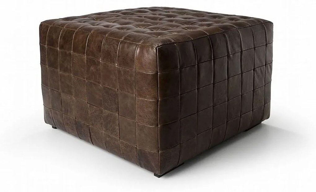 Puff Thevon Quadrado Estofado Patchwork Couro Estrutura Madeira de Eucalipto Reflorestada
