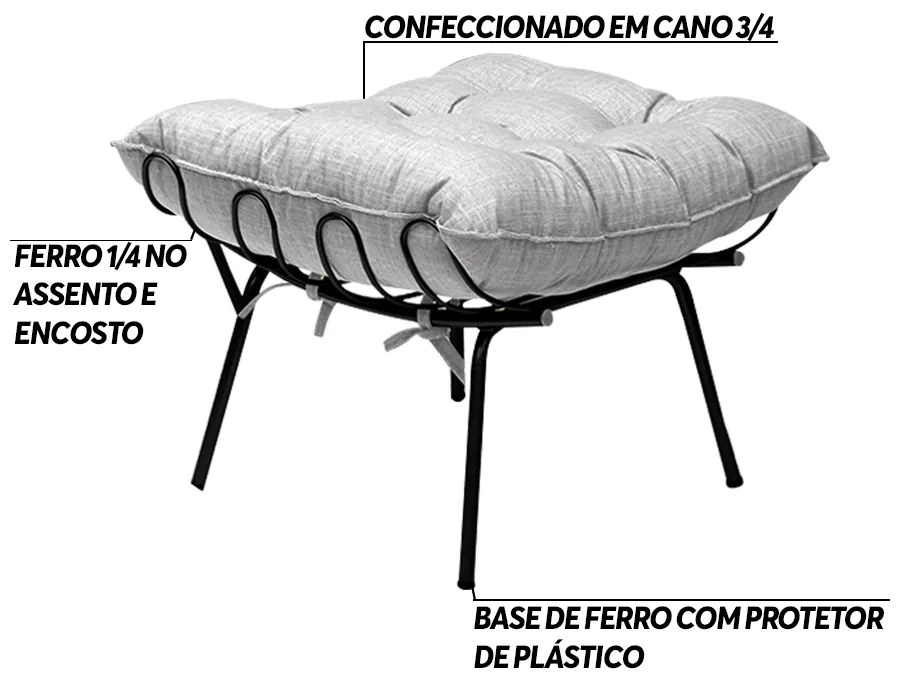Puff Decorativo Sala de Estar Abel Pés Preto Linho Cinza Claro G41 - Gran Belo