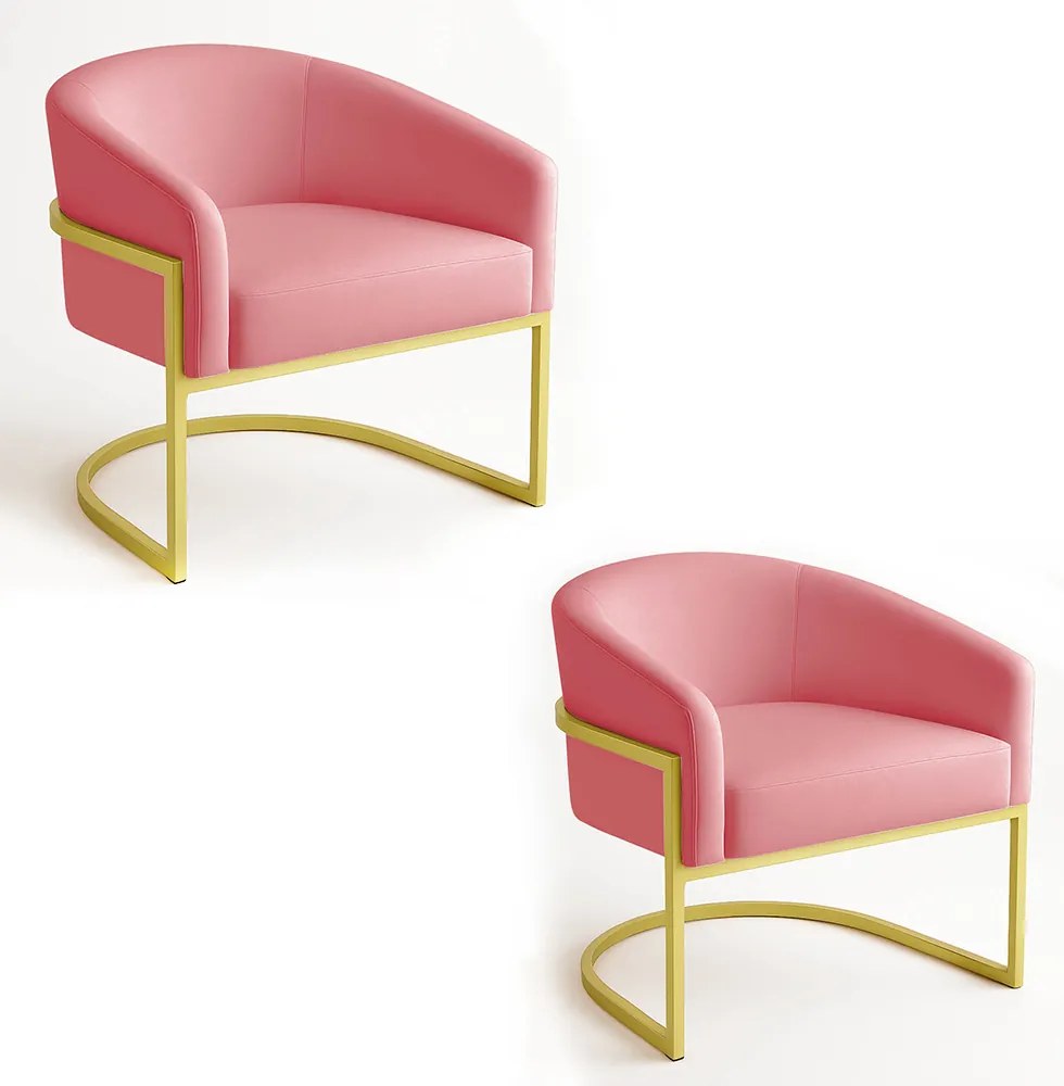 Poltrona Sala Decorativa Industrial Dourada Kit 2 Arielle Suede - Rose