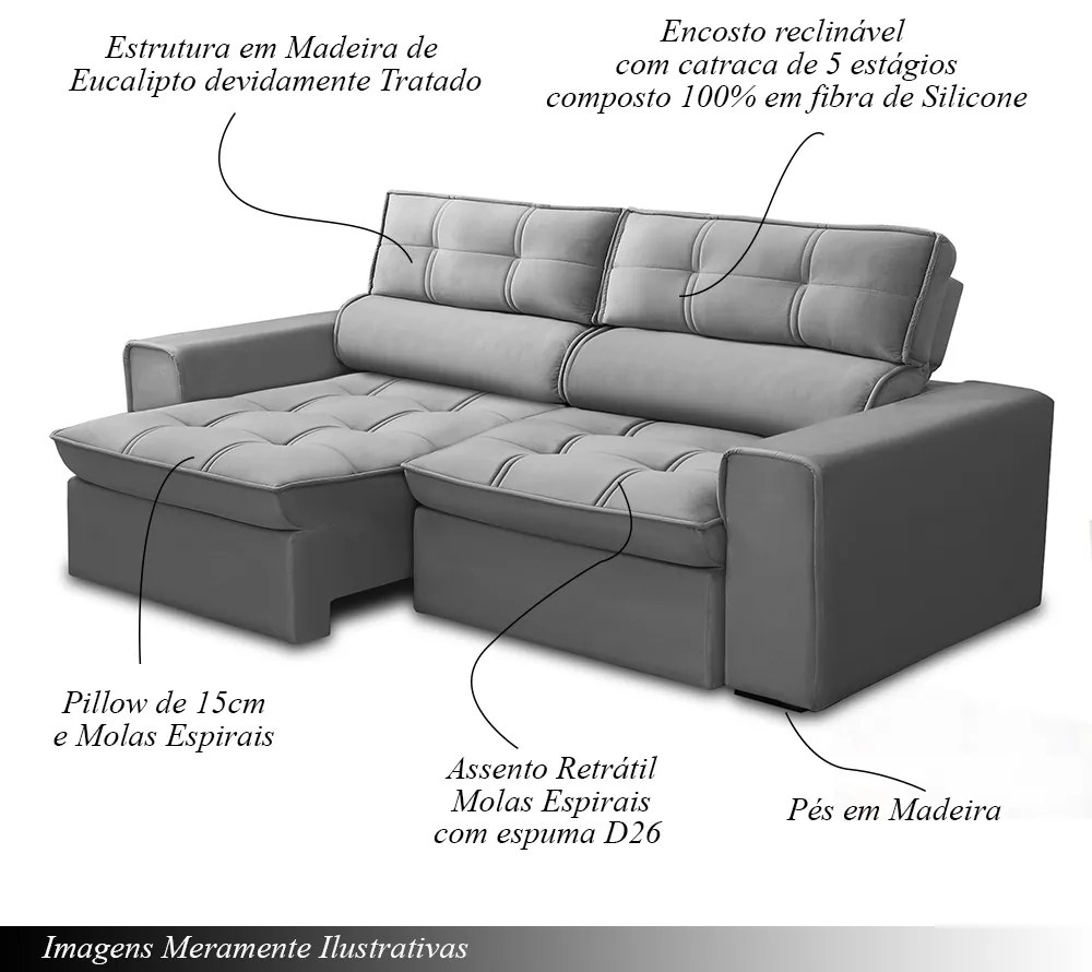Sofá Retrátil e Reclinável 4 Lugares 240cm Welton Veludo Cinza G22 - Gran Belo