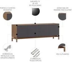 Rack TV 50 Pol 180cm 2 Portas 2 Gavetas Tauari/Grafite F07 - Mpozenat