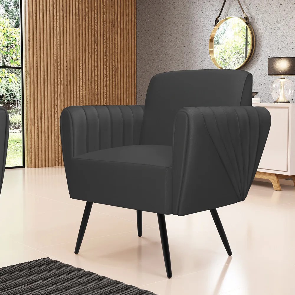 Kit 2 Poltronas Pés Palito de Ferro Bruna Corino D01 - D'Rossi - Preto