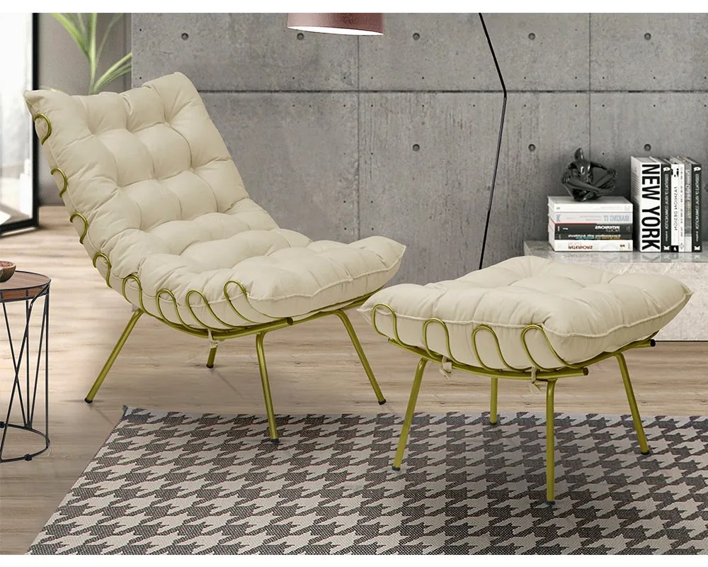 Conjunto Decorativo Poltrona e Puff Abel Base de Ferro Dourada Veludo Bege G41 - Gran Belo
