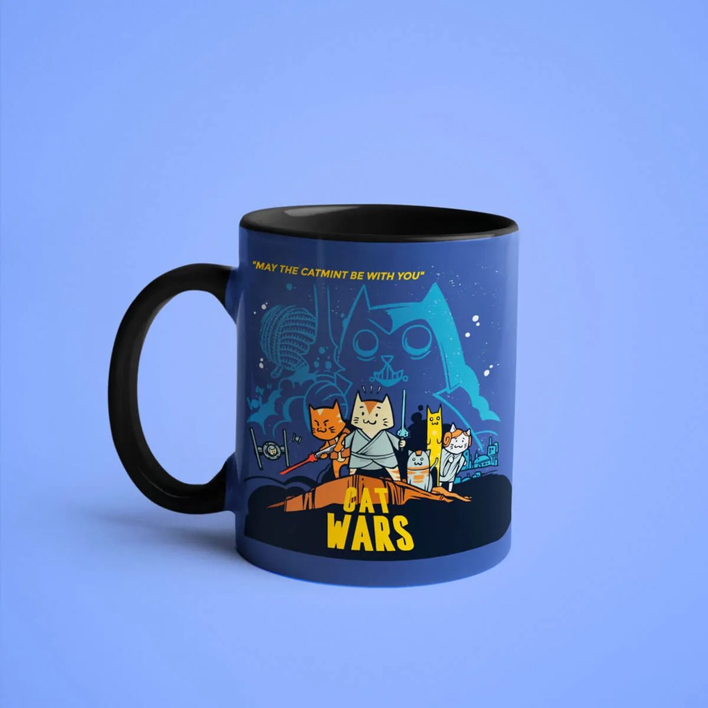 Caneca Cat Wars Azul com Alça Preta