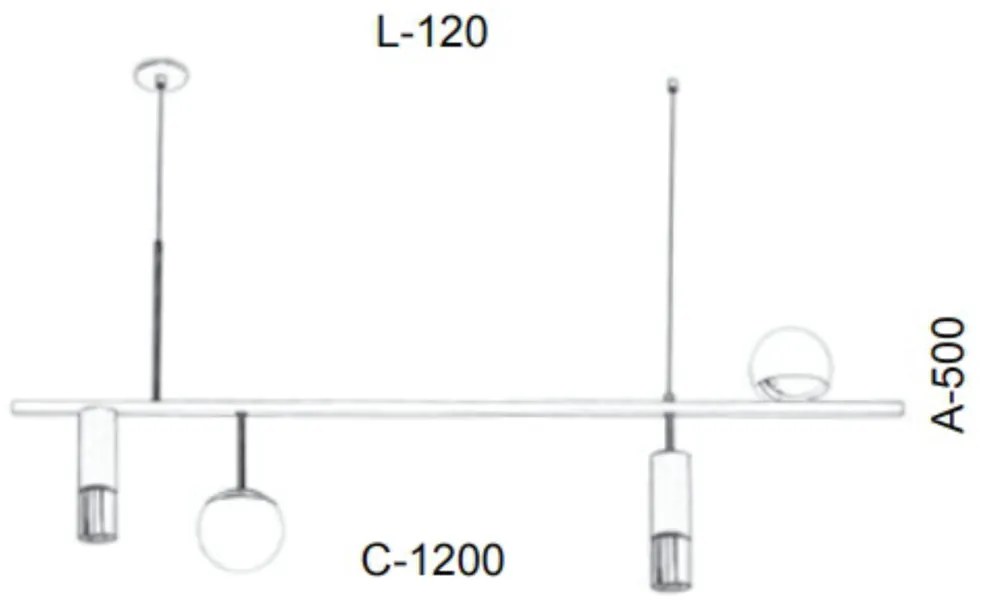 Pendente Retangular Misto 120X12X50Cm Tubo Metal E Globo Ø10Cm 02Xmr11... (GRAFITE / COBRE FOSCO, AMBAR)