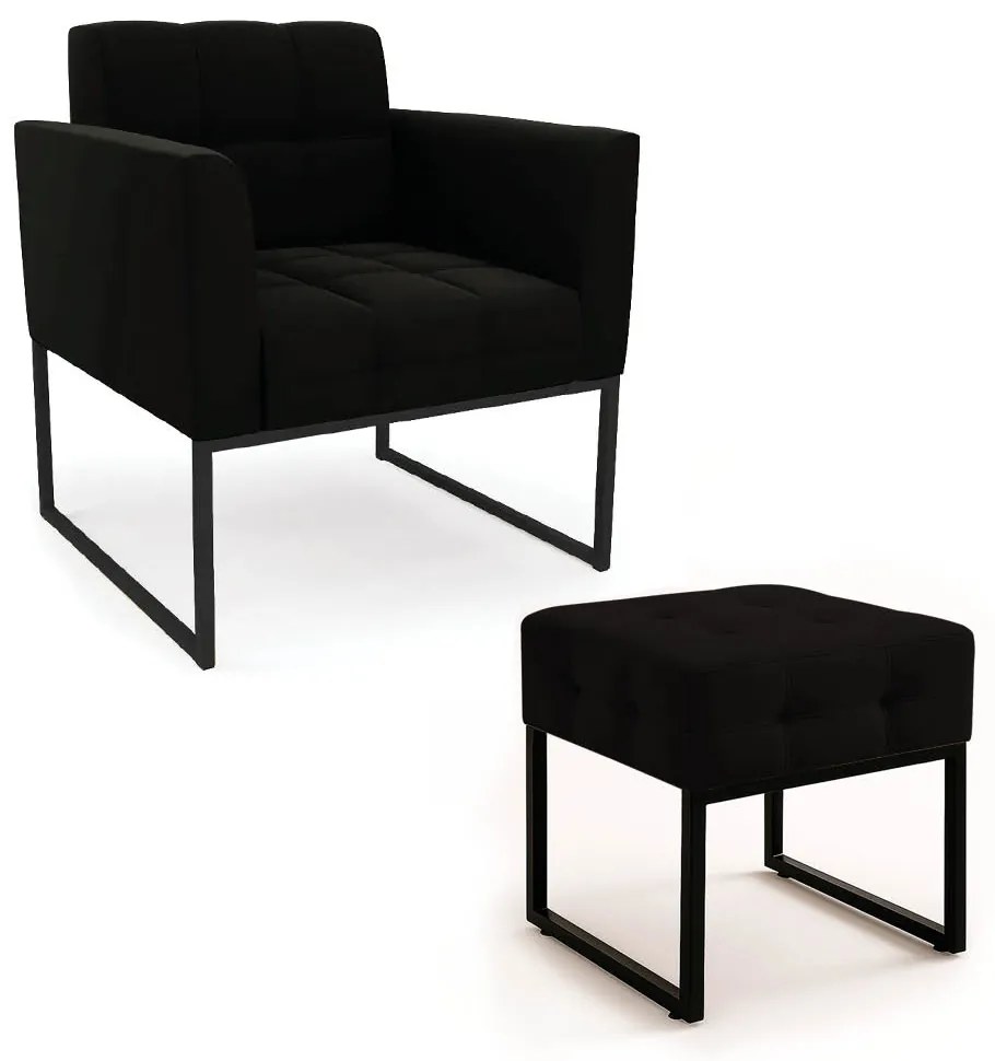 Poltrona Sala e Puff Decorativo Industrial Elisa Suede D03 - D'Rossi - Preto