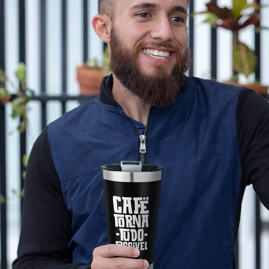 Kit Copo Térmico com Abridor e Caneca Café Torna Tudo Possível