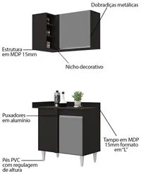 Balcão 1 Porta Denver e Armário Aéreo Austin de Canto Preto/Cinza - Lu