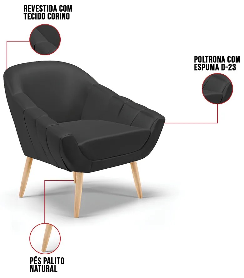 Poltrona Giovana Corino Pés Palito Natural D01 - D?Rossi - Preto
