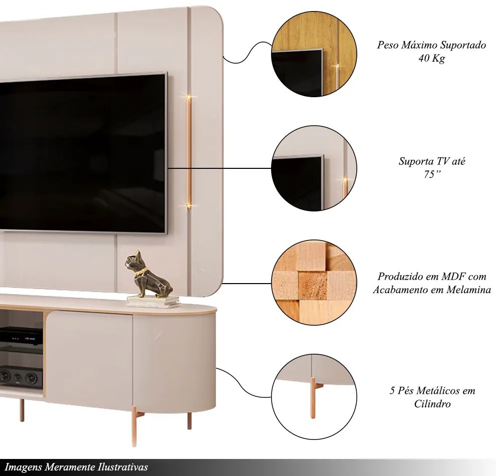 Painel e Bancada TV 75" Floro Frisos Chanfrados 2 Portas OffWhite G18 - Gran Belo