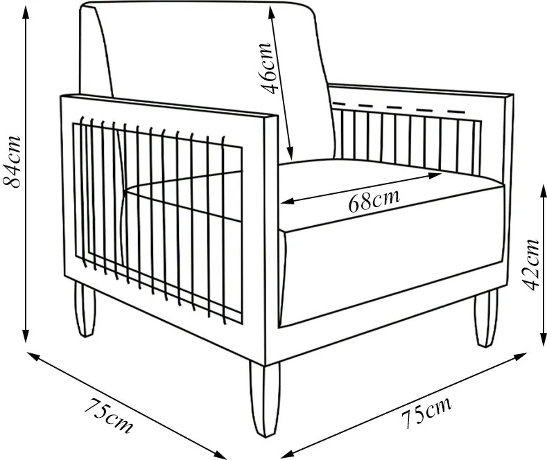 Poltrona Sala de Estar Pés Madeira Maciça Corda Náutica Preta 75cm Manila PU Marrom G63 - Gran Belo