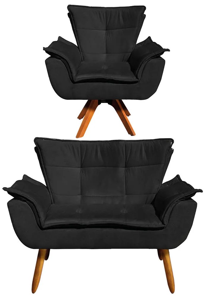 Sofá Namoradeira e Poltrona Giratória MM30 Opala Suede D03 - D'Rossi - Preto