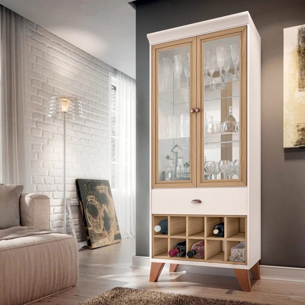 Cristaleira Bar com Nicho Adega Sala de Estar Andorra Off White/Freijó - Gran Belo