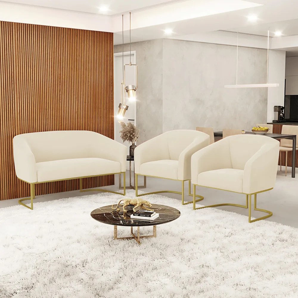Namoradeira e 2 Poltronas Industrial Dourado Stella Veludo D03 - D'Rossi - Bege