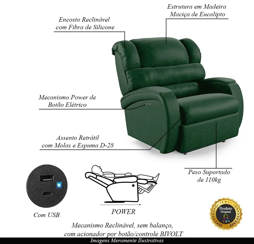 Poltrona do Papai Sala de Cinema Reclinável Kylie Power Touch USB PU Verde Musgo G23