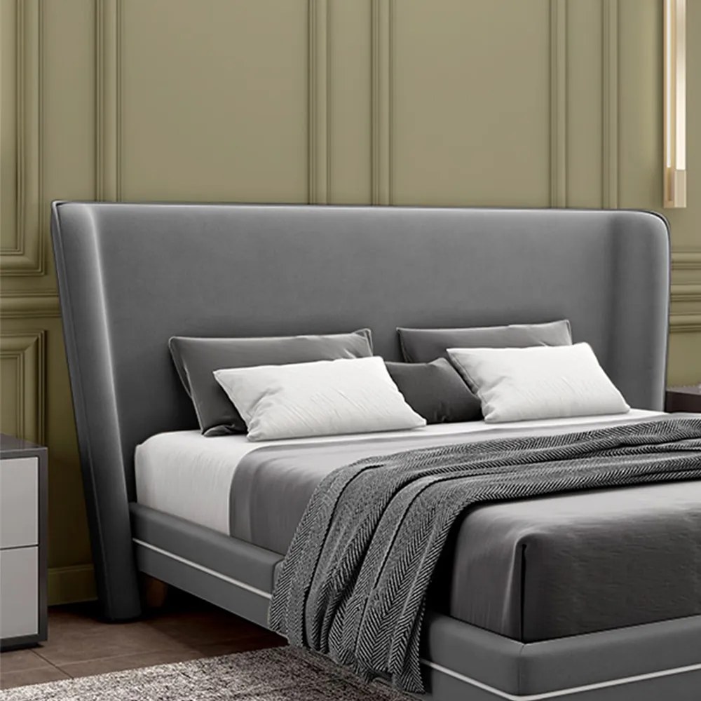 Cabeceira Design para Cama de Casal Torres Pés em Madeira Veludo Cinza G91 - Gran Belo
