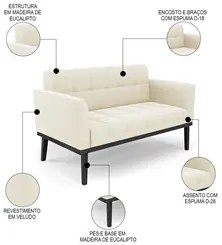 Sofá Namoradeira e 2 Poltronas Base Madeira Preto Ana Veludo Bege - Ib