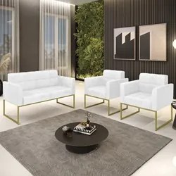 Sofá Namoradeira e 2 Poltronas Base Industrial Dourado Ana Sintético P