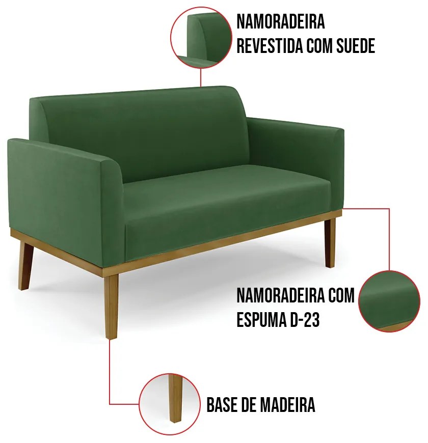 Sofá Namoradeira Base de Madeira Fixa Castanho Marisa Suede - Verde